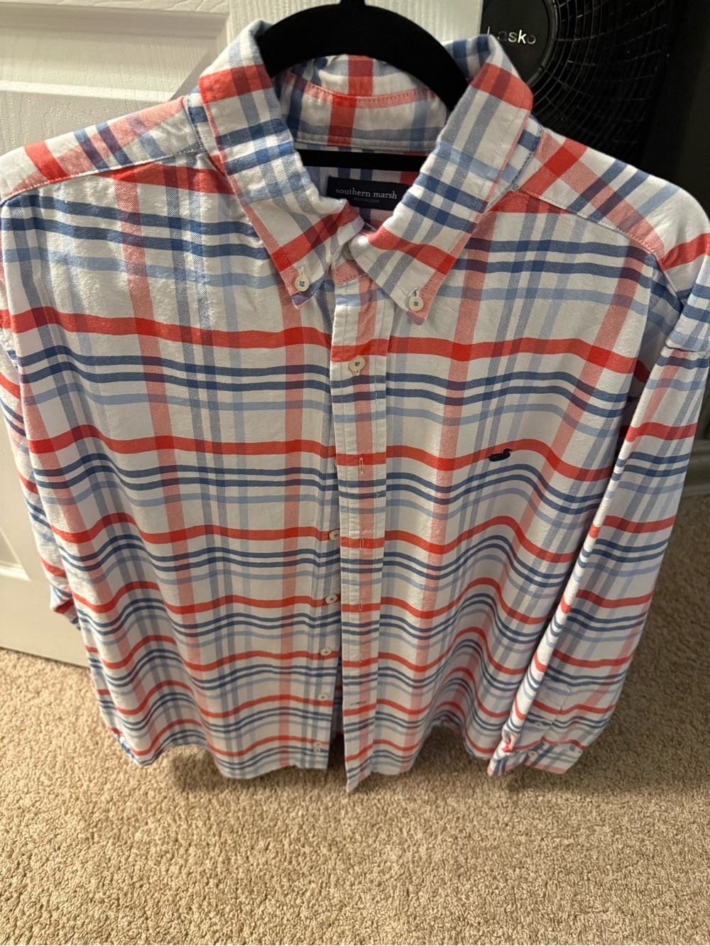 Southern Marsh Men's White Button-Down Shirt with Blue & Red Plaid